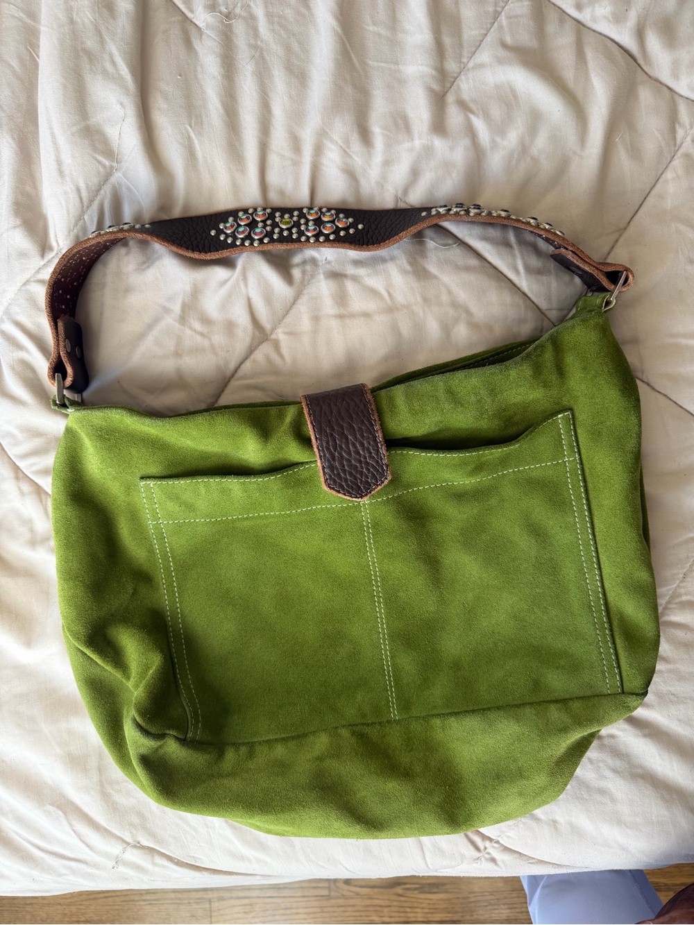Tylie Malibu Rare Green Suede Shoulder Bag with Embellished Leather Strap